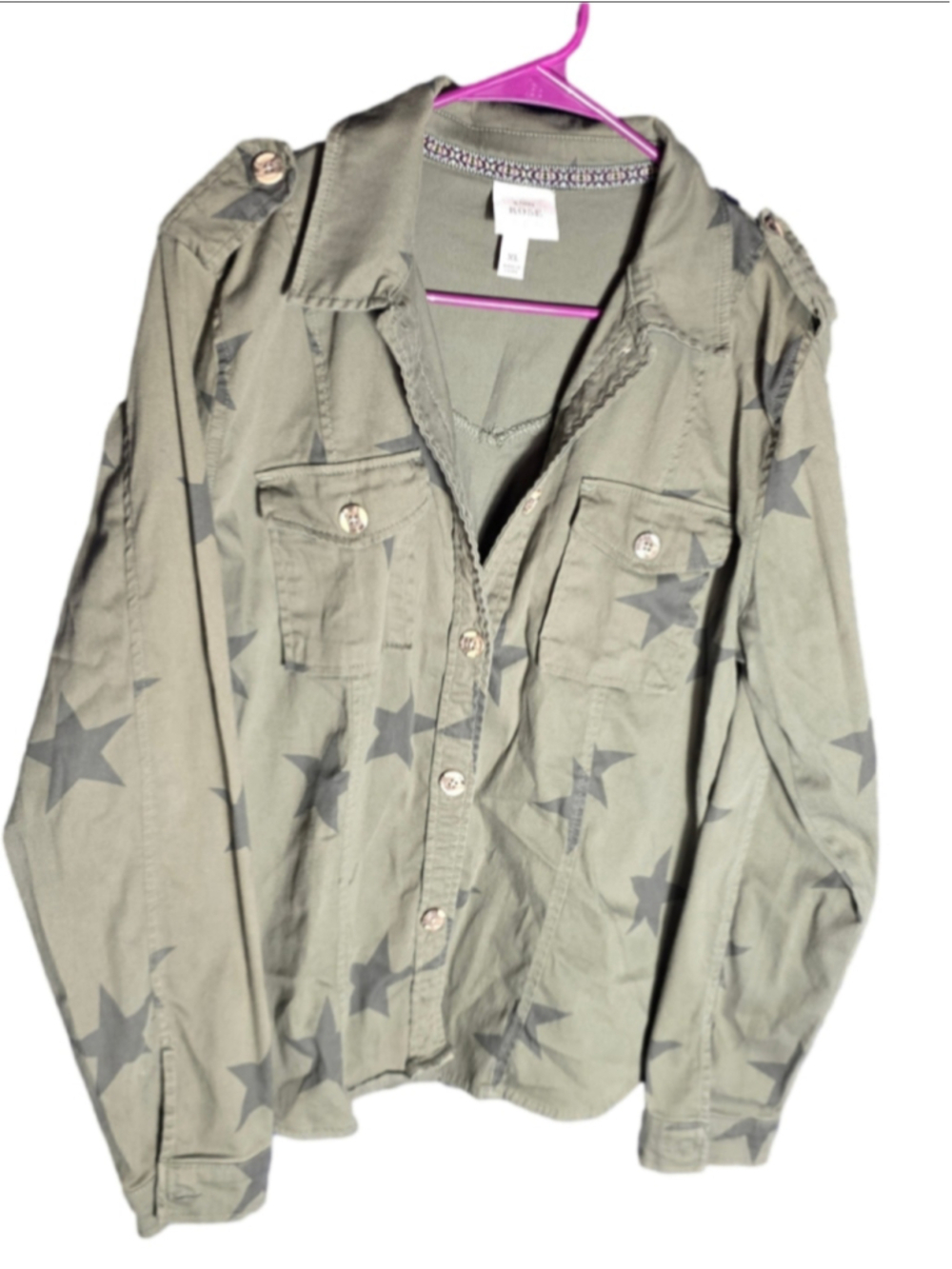 Women's Knox Rose Olive Green Star Print Utility Jacket XL rock y2k 90's